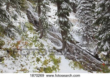 Stock Photo - oregon cascades, oregon, united states of america; first snow fall along umbrella falls on mount hood. Fotosearch
