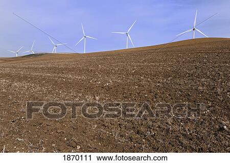 Stock Image - tarifa, cadiz, andalusia, spain; wind turbines in an empty field. Fotosearch