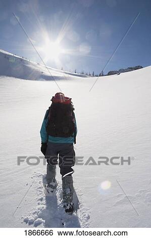 Woman on snowshoes in the snow View Large Photo Image Stock Photograph - Woman on snowshoes in the snow. Fotosearch