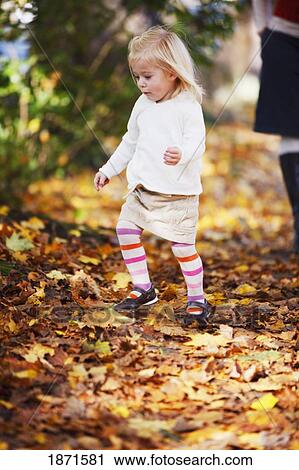 Stock Image - a young girl plays in the leaves in autumn. Fotosearch