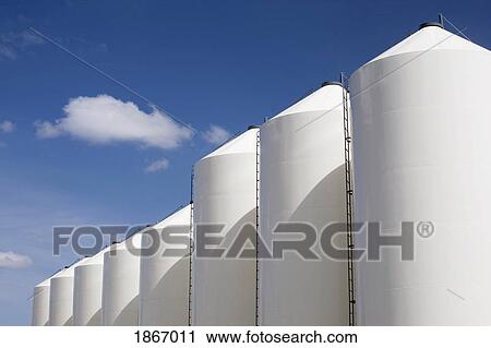 Stock Image - alberta, canada; large white grain bins. Fotosearch