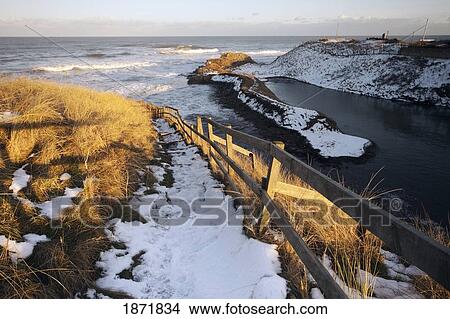 Picture - cresswell, northumberland, england; snow on the ground along the shore. Fotosearch