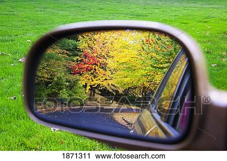Stock Image - oregon, united states of america; autumn colors on the trees as viewed through a vehicle's side view mirror. Fotosearch