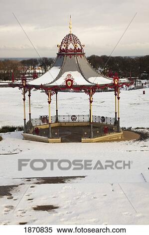 Stock Photography - south shields, tyne and wear, england; a band stand surrounded by snow in the winter. Fotosearch