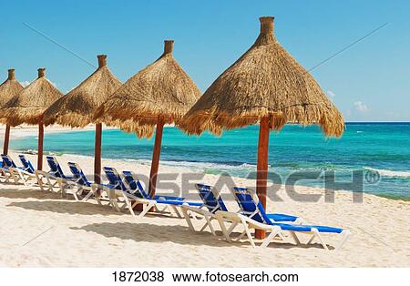 Stock Photo - akumal, mexico; lounge chairs and umbrellas on the beach facing the ocean. Fotosearch