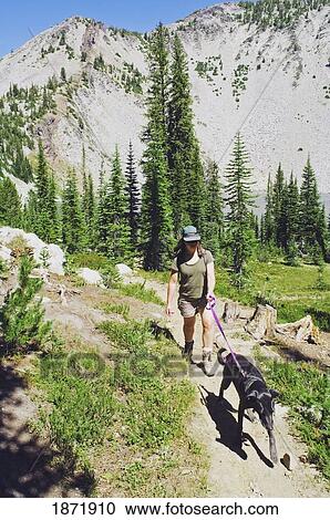 Stock Image - eaglecap wilderness, oregon, united states of america; a woman hiking with her dog in the wallowas. Fotosearch