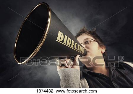 Stock Image - a boy with a megaphone labeled 'director'. Fotosearch