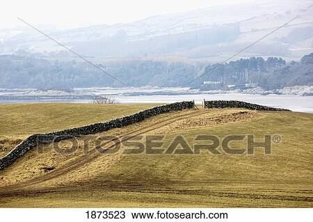 Stock Image - dumfries, scotland; a stone fence across a field. Fotosearch