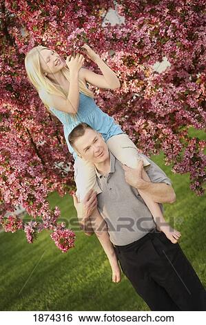 Stock Photograph - edmonton, alberta, canada; a man holds his daughter on his shoulders for her to reach the flower blossoms on a tree. Fotosearch