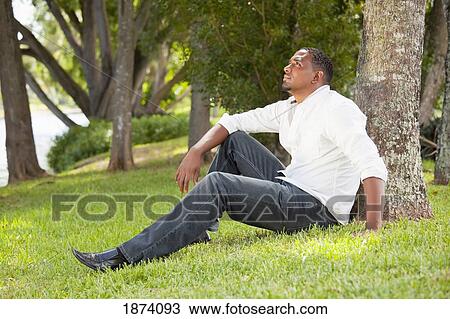 Stock Image - fort lauderdale, florida, united states of america; portrait of a man sitting against a tree in a park. Fotosearch