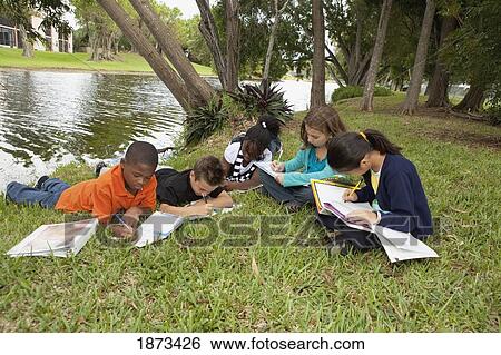Stock Photograph - fort lauderdale, florida, united states of america; a group of students doing school work in the park. Fotosearch