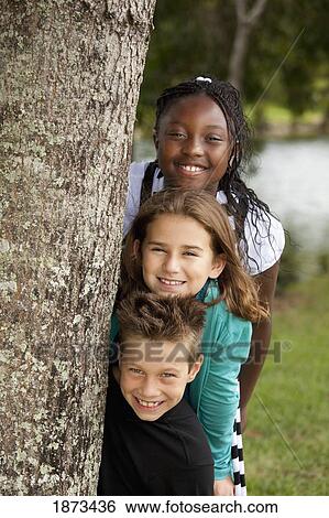 Stock Photograph - fort lauderdale, florida, united states of america; three preteens beside a tree in the park. Fotosearch