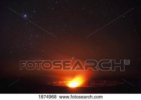 hawaii, united states of america; halema'uma'u vent inside kilauea crater glows from molten lava at night with star field in the sky View Large Photo Image Stock Photo - hawaii, united states of america; halema'uma'u vent inside kilauea crater glows from molten lava at night with star field in the sky. Fotosearch
