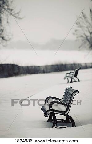 Stock Photograph - jordan, ontario, canada; benches along a trail in the snow. Fotosearch