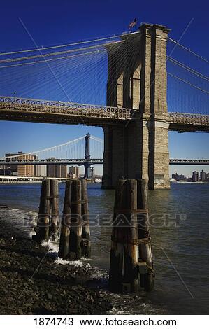Stock Image - new york city, new york, united states of america; brooklyn bridge over the hudson river. Fotosearch