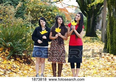 Stock Photo - three teenage girls holding yellow maple leaves along a path in autumn. Fotosearch