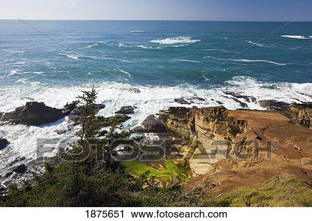 Stock Image - oregon, united states of america; rock formations along the coast of the pacific ocean at cape arago state park. Fotosearch