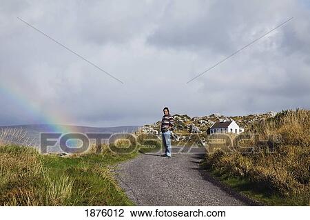 County Kerry, Ireland; A Man Standing On A Country Road Near Caherdaniel With A Rainbow In The Distance View Large Photo Image Stock Image - County Kerry, Ireland; A Man Standing On A Country Road Near Caherdaniel With A Rainbow In The Distance. Fotosearch
