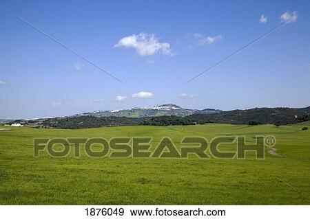 Stock Photo - Medina Sidonia, Andalusia, Spain; A Stretch Of Green Fields Leading To Hills And Mountains. Fotosearch