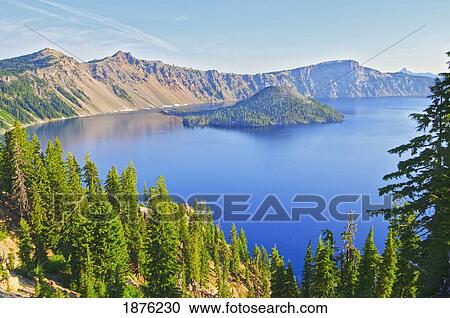Stock Image - Oregon, United States Of America; Wizard Island And Crater Lake. Fotosearch