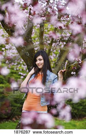 Portland, Oregon, United States Of America; A Teenage Girl By A Tree Full Of Blossoms In Portland Park View Large Photo Image Stock Photo - Portland, Oregon, United States Of America; A Teenage Girl By A Tree Full Of Blossoms In Portland Park. Fotosearch
