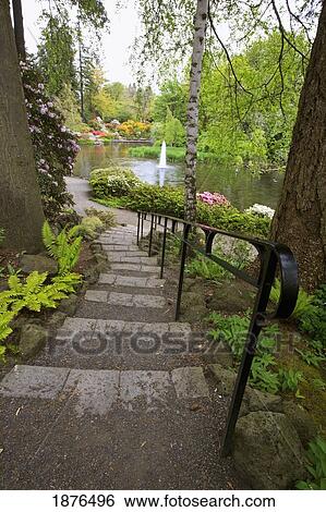 Stock Photograph - Portland, Oregon, United States Of America; A Path Leading Down To The Water In Crystal Springs Rhododendron Gardens. Fotosearch