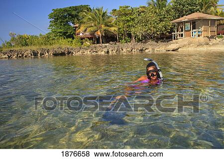 Stock Photo - Roatan, Bay Islands, Honduras; A Young Woman Snorkeling At Anthony's Key Resort. Fotosearch