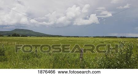 Stock Photograph - Thunder Bay, Ontario, Canada; A Field With Mountains In The Background And Clouds In The Sky. Fotosearch