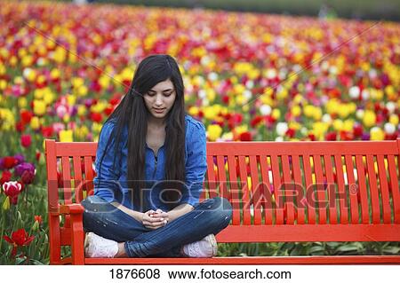 Stock Photo - Woodburn, Oregon, United States Of America; A Teenage Girl Sits On A Red Bench In Front Of A Tulip Field At Wooden Shoe Tulip Farm. Fotosearch