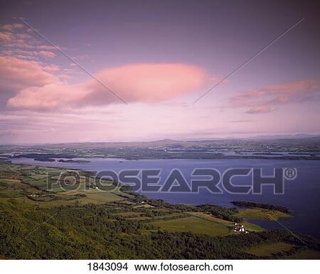 High Angle View Of Lake And Farmscape At Sunset View Large Photo Image Picture - High Angle View Of Lake And Farmscape At Sunset. Fotosearch
