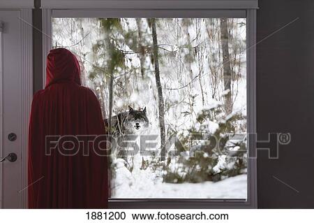 little red riding hood looking out window at big bad wolf View Large Photo Image Stock Image - little red riding hood looking out window at big bad wolf. Fotosearch