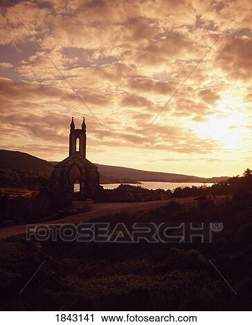 Stock Image - Lough Na Kung Dunlewy, Co Donegal, Ireland; Disused White Marble Church. Fotosearch