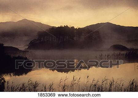 Mountains And Lake In Fog, Ireland View Large Photo Image Stock Photo - Mountains And Lake In Fog, Ireland. Fotosearch