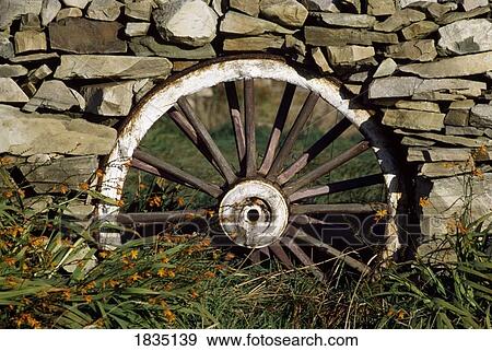 Stock Photo - Traditional Farming, Cart Wheel In Stone Wall, Co Donegal, Ireland. Fotosearch