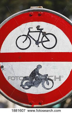 Stock Photo - traffic sign forbidding use of bicycles or motor bikes; gibraltar. Fotosearch