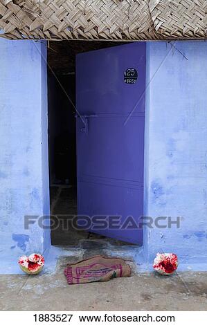 Stock Photo - A Blue Building With An Open Blue Door; Sathyamangalum, Tamil Nadu, India. Fotosearch