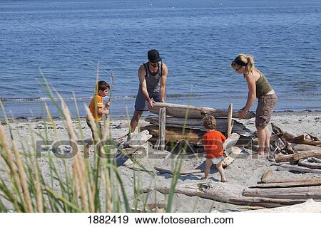 A Family Piles Driftwood On The Beach; Langley, British Columbia, Canada View Large Photo Image Stock Photo - A Family Piles Driftwood On The Beach; Langley, British Columbia, Canada. Fotosearch