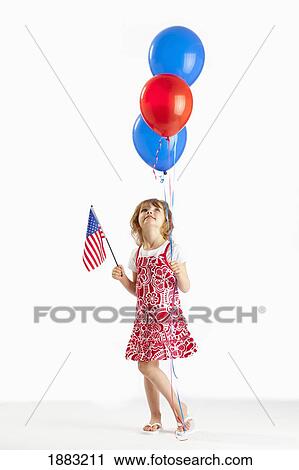 A Girl Holding Red And Blue Balloons And An American Flag View Large Photo Image Stock Image - A Girl Holding Red And Blue Balloons And An American Flag. Fotosearch