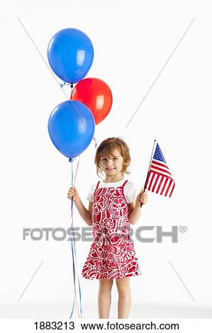A Girl Holding Red And Blue Balloons And An American Flag View Large Photo Image Stock Image - A Girl Holding Red And Blue Balloons And An American Flag. Fotosearch