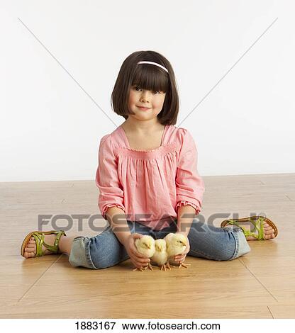 A Girl Sitting On The Floor With 3 Chicks View Large Photo Image Stock Photo - A Girl Sitting On The Floor With 3 Chicks. Fotosearch