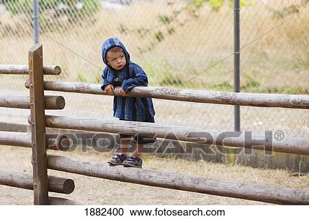 Stock Image - A Young Boy Standing On A Fence; Langley, British Columbia, Canada. Fotosearch