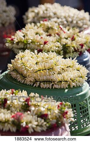 Picture - Garland Of Flowers Displayed On Top Of Baskets; Sathyamangalum, Tamil Nadu, India. Fotosearch