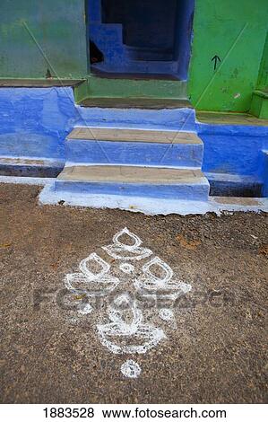 Painted White Symbol On The Ground In Front Of Steps Leading Up To A Doorway; Sathyamangalum, Tamil Nadu, India View Large Photo Image Stock Photo - Painted White Symbol On The Ground In Front Of Steps Leading Up To A Doorway; Sathyamangalum, Tamil Nadu, India. Fotosearch