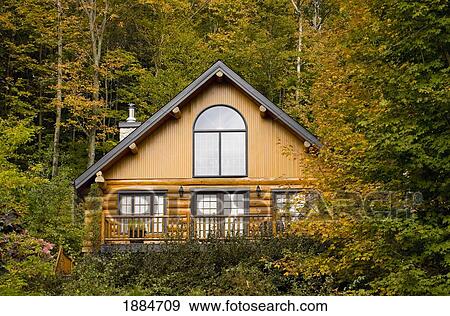 A 丸太 家 囲まれた によって 木 中に Autumn ケベック カナダ 写真館 イメージ館 Fotosearch