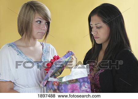 Stock Photo - a girl presenting an unusual gift to another; troutdale, oregon, united states of america. Fotosearch