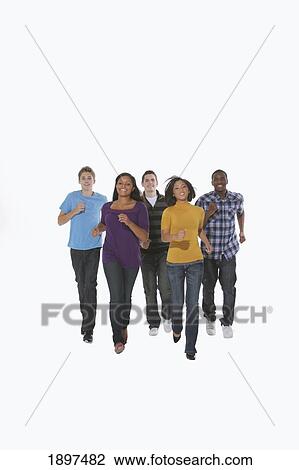 Stock Image - a group of young adults running; portland, oregon, united states of america. Fotosearch