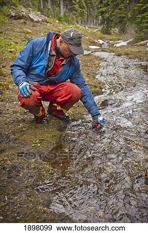 a man collects fresh mountain stream water; fernie, british columbia, canada View Large Photo Image Stock Photo - a man collects fresh mountain stream water; fernie, british columbia, canada. Fotosearch