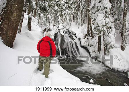 Stock Photo - a person stands in snow looking at zigzag falls in mt. hood national forest; oregon, united states of america. Fotosearch