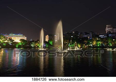 guilin lights at night with dancing fountains; guilin, guangxi, china View Large Photo Image Stock Photograph - guilin lights at night with dancing fountains; guilin, guangxi, china. Fotosearch