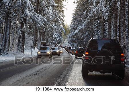heavy traffic and a snow storm; mt. hood, oregon, united states of america View Large Photo Image Picture - heavy traffic and a snow storm; mt. hood, oregon, united states of america. Fotosearch